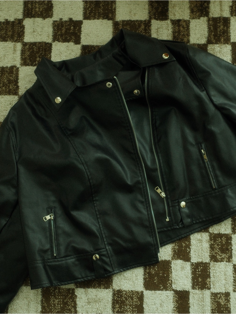 SHEIN Black Faux Leather Moto Jacket with Silver Hardware